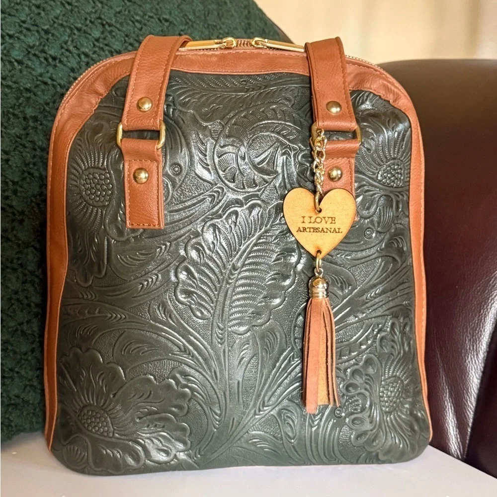 I Love Artesanal Embossed Faux Leather Backpack Forrest Green W Heart & Tassel